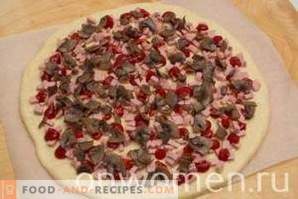 Pizza con salsiccia, funghi, formaggio e pomodori